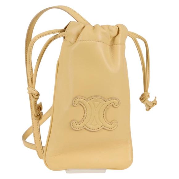 CELINE Cuir Triomphe Drawstring Mobile Pouch Leather Yellow Auth 130196M - Picture 1 of 16